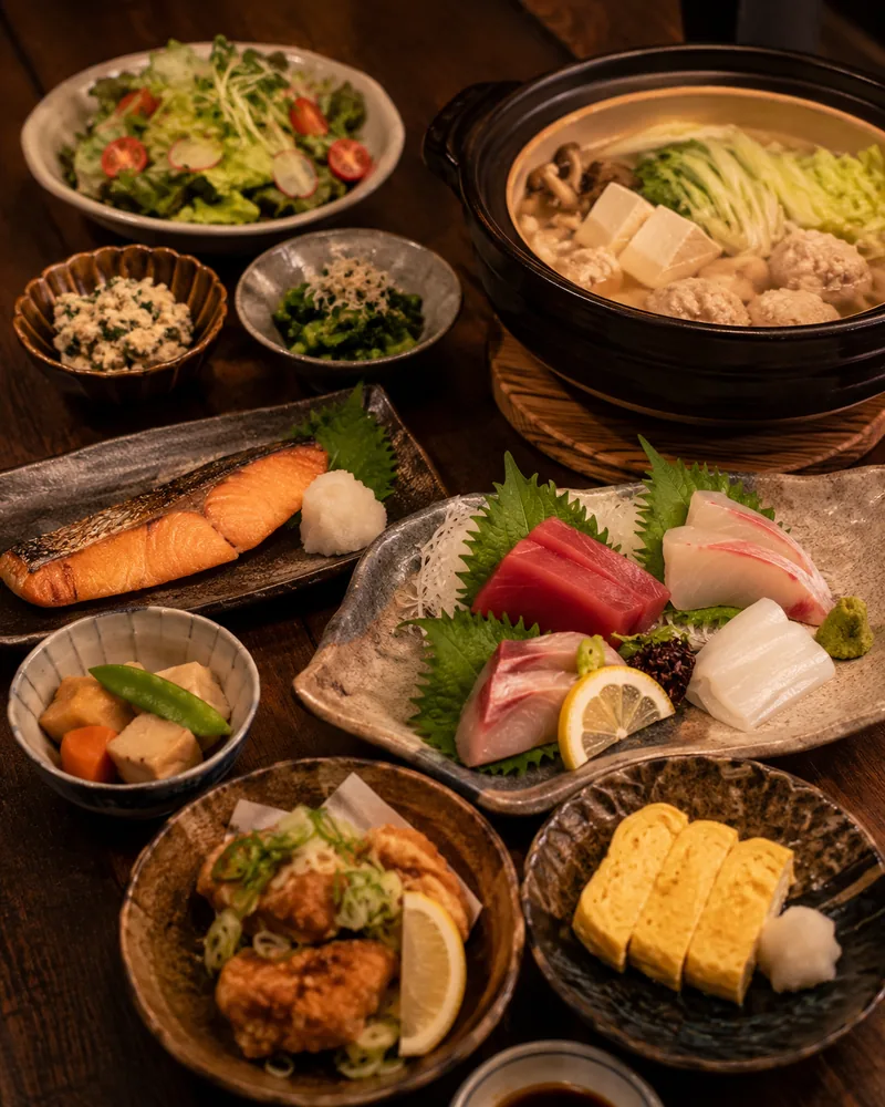 蒼コースの一例。お造りと焼き魚、小鉢や鍋の盛り合わせ